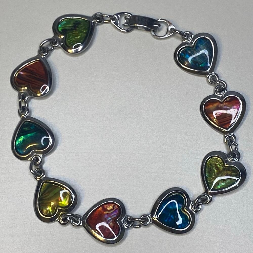 Multi Color Silver Tone Abalone Shell Heart Link Bracelet Vintage Y2K